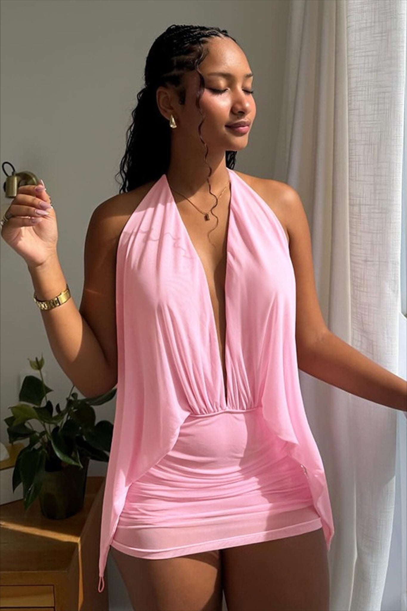 Plunging Halter Draped Cape Bodice Ruched Bodycon Mini Dress