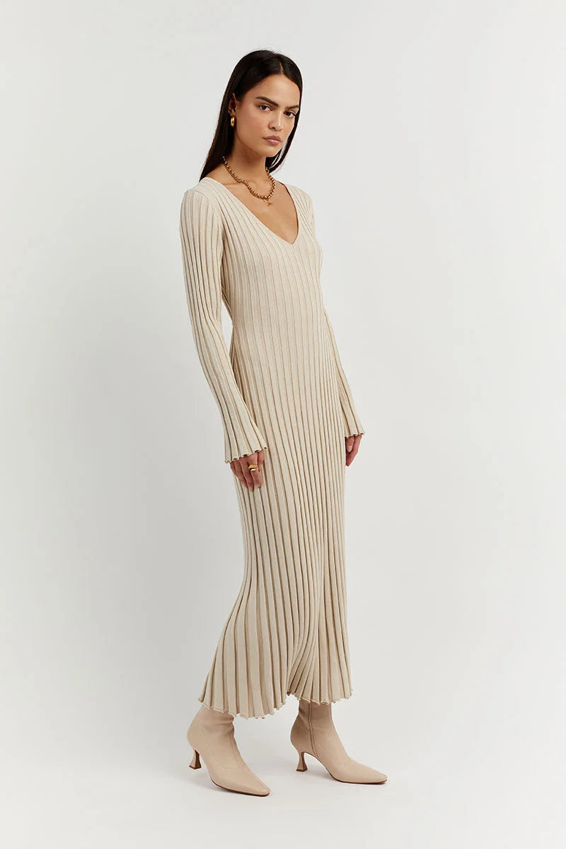 Rib Knit V-Neck Lettuce Edge Cuff Bodycon Maxi Dress