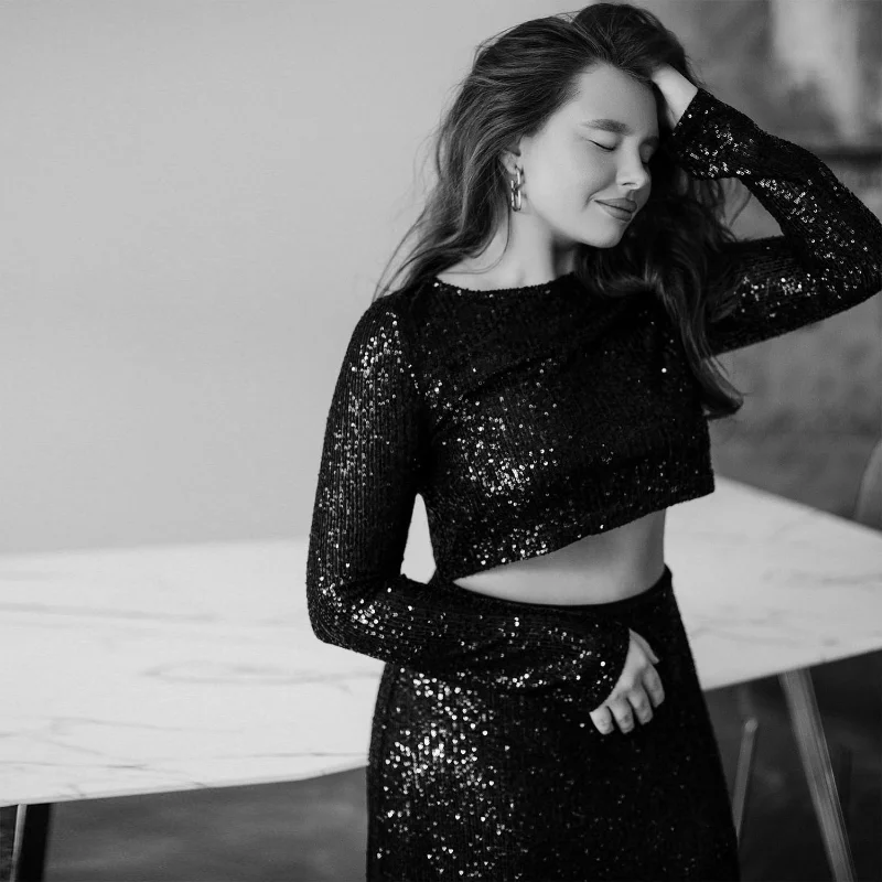 Ootddress Sequins Loose Dress Sets Women Long Sleeve Crop Tops High Waist Sexy Maxi Skirts Ladies Two Piece Suits Womens Outifits