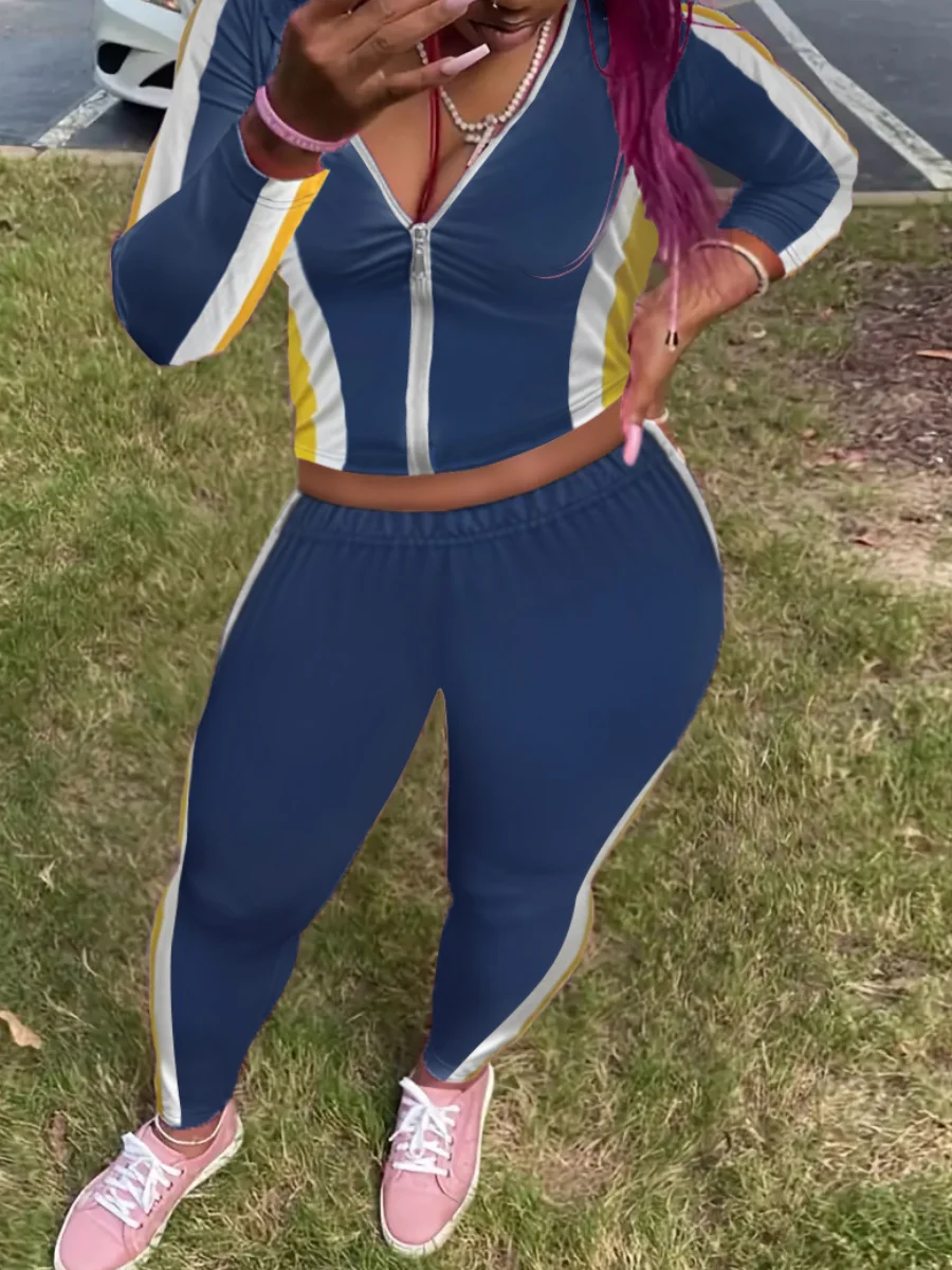 Plus Size Zipper Design Patchwork Pants Set Women Color Block Mandarin Collar Tracksuits Long Sleeve Two Pieces Outfits