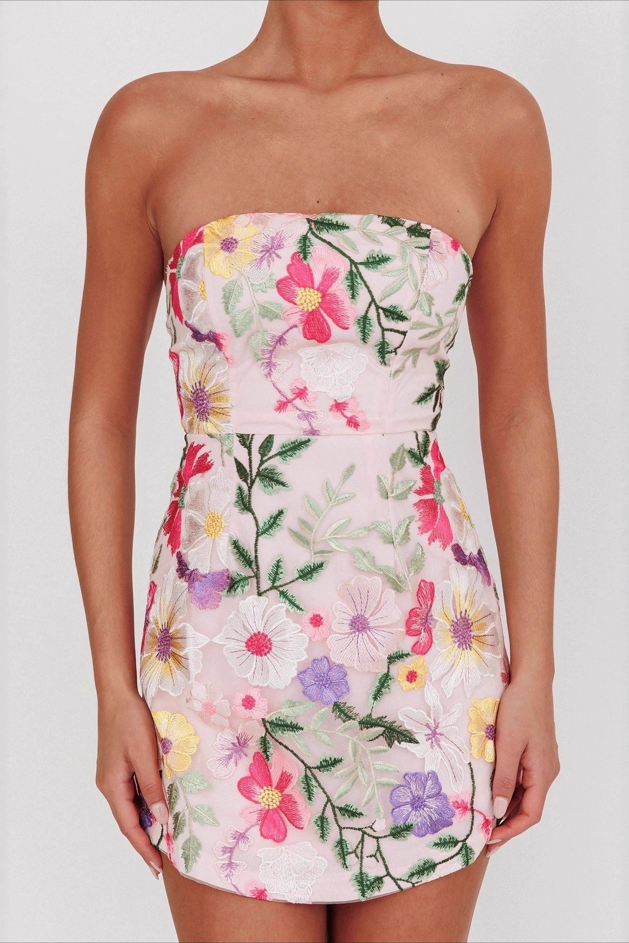 Strapless Dense Floral Embroidery Sheer Mesh Bodycon Mini Dress
