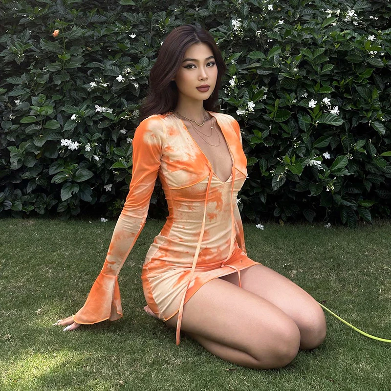 Spring Summer Abstract Print Trumpet Sleeve Bandage Mini Dresses Sexy V Neck Party Dresses Women