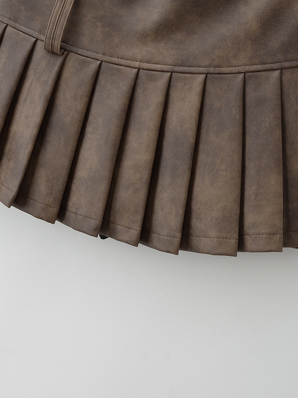 Distressed Leather Pleated High Rise Mini Skirt
