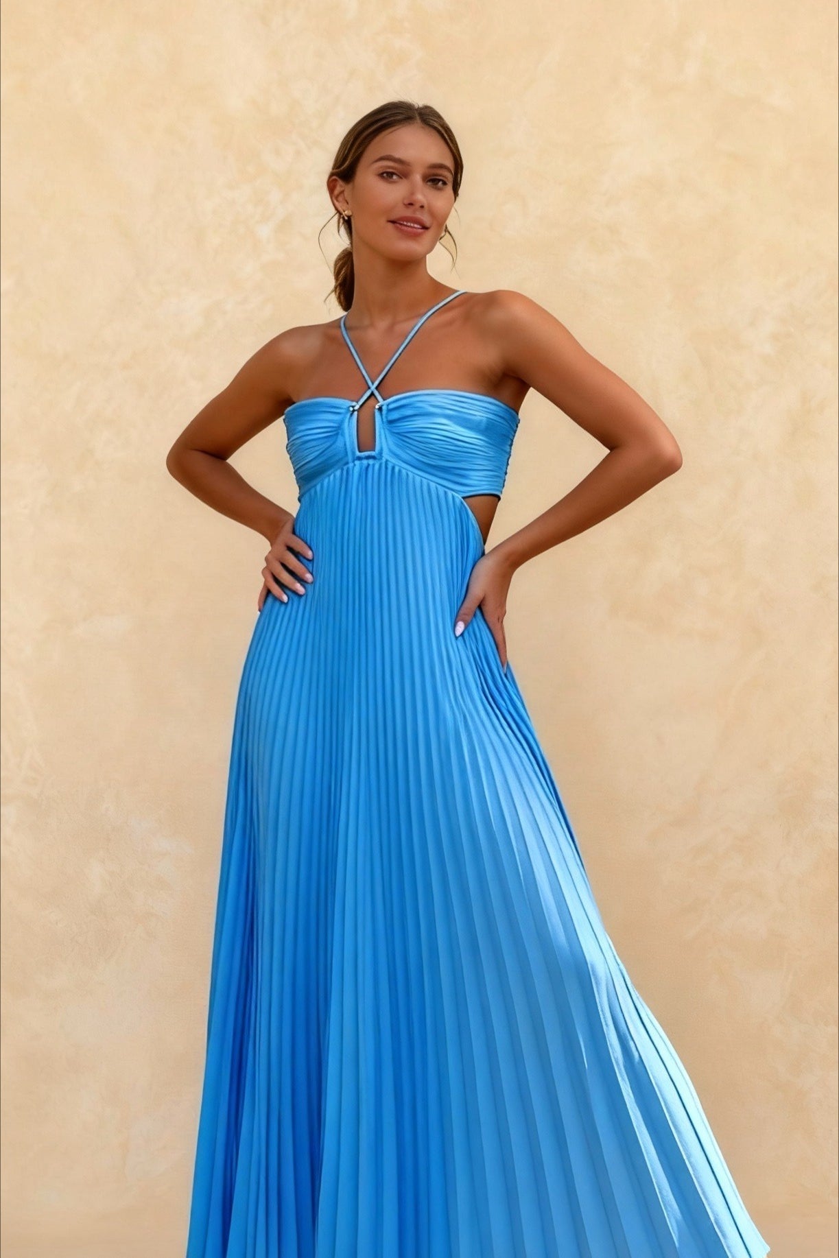 Pleated Halter Neck Cross Strap Keyhole Waist Cut Out Maxi Dress