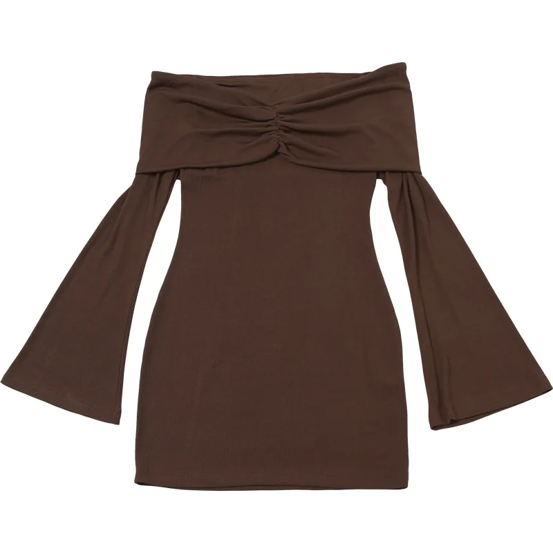 Ootddress Vintage Pleated Slim Mini Dress Women Off-Shoulder Fashion Long Sleeve Patchwork Party Dress Female Solid Backless Drerss