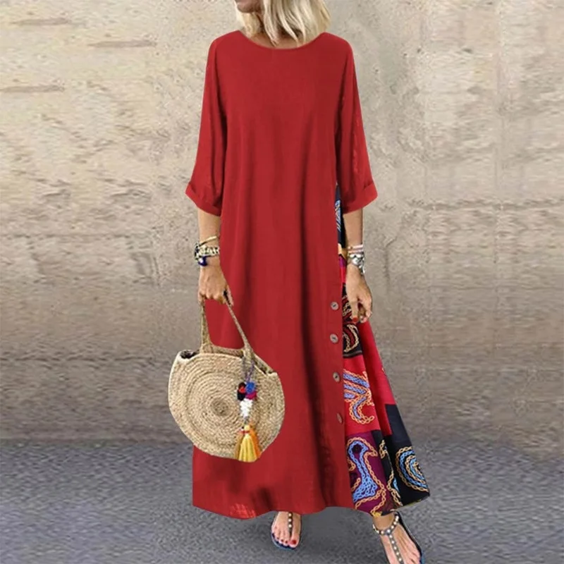 Cotton Linen Vintage Long Dresses Women Three Quarter Sleeves Splicing Print Loose A-line Dress Fashion Casual Lady Maxi Vestido 13 undefined