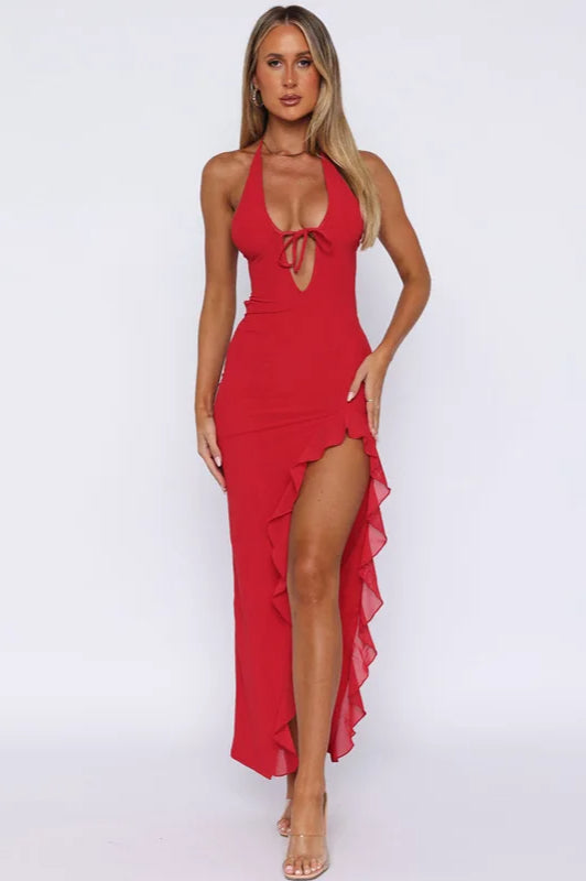 Halter Neck Keyhole Tie Ruffle Trim High Slit Maxi Dress