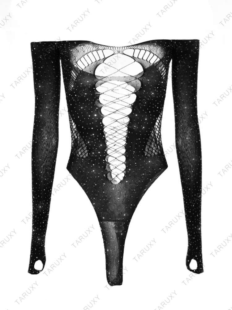 Ootddress Crystal Mesh Sexy Bodysuit Lingerie Black See Through Backless Hollow Out Bodysuit Nightclub Party Hot Workwear Playsuit