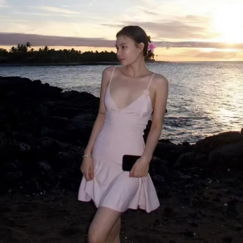 Ootddress Ruffle Knitted Dress For Women Sleeveless V Neck Slim Splice Flower Sundress Ladies Casual Fashion Y2k Solid Dress Woman