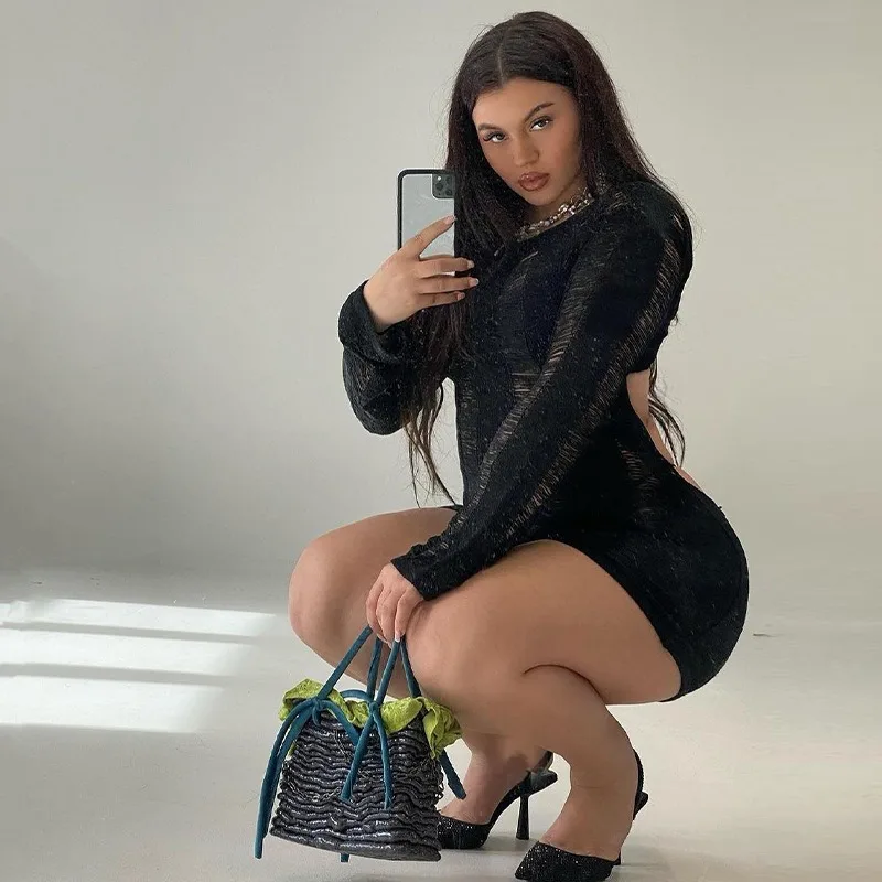 Ootddress Sexy Sheer Knitted Dress Women Bodycon Long Sleeve Hollow Out Mini Dresses Femme Club Sexy Backless Knitwear Dress Womens