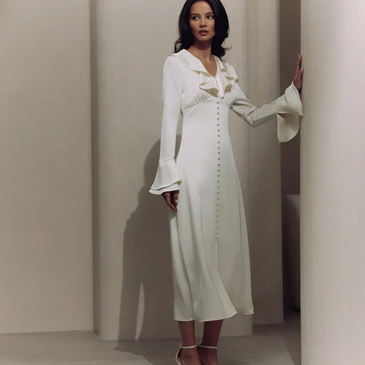 Ootddress Ruffle V Neck Elegant Dress For Women Slim Long Sleeve High Waist Temperament Dresses Femme Party Slit Long Dress Woman