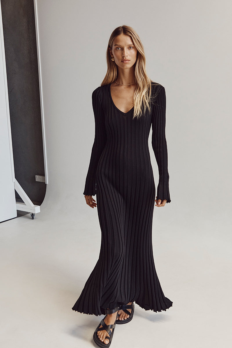 Rib Knit Deep V-Neck Long Sleeve Lettuce Hem Column Maxi Dress