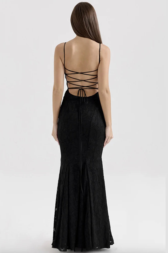 Jacquard Floral Square Neck Spaghetti Strap Mermaid Maxi Gown