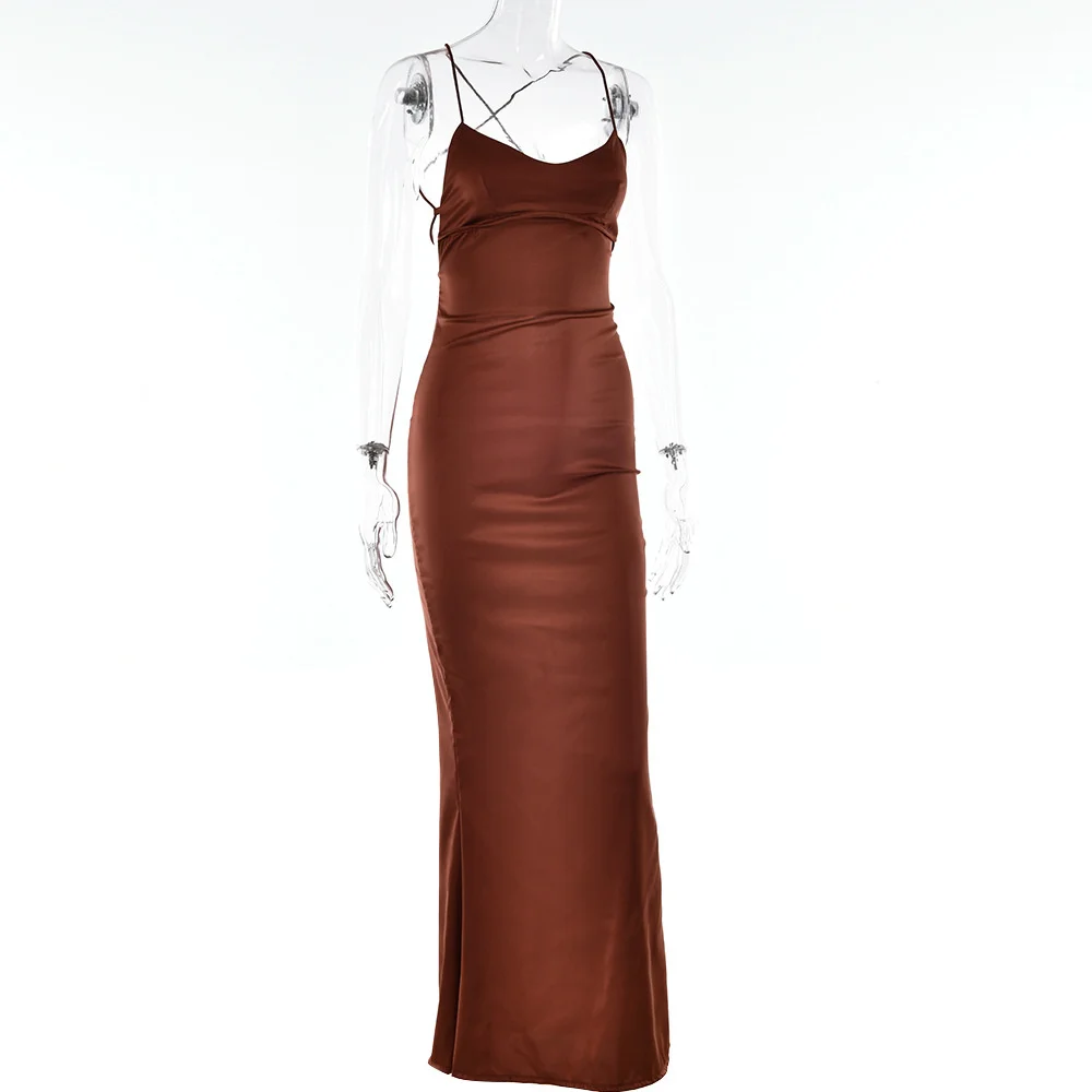Ootddress Satin Backless Maxi Dress For Women 2025 Autumn New Spaghetti Strap Sleeveless Bodycon Long Dress Vestido Clubwear
