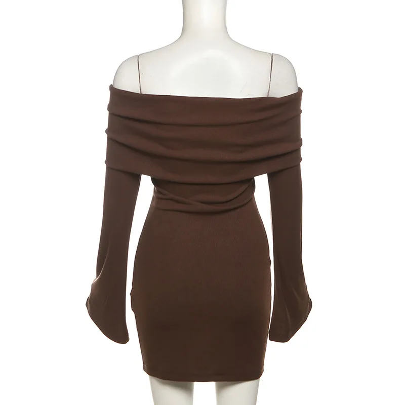 Ootddress Vintage Pleated Slim Mini Dress Women Off-Shoulder Fashion Long Sleeve Patchwork Party Dress Female Solid Backless Drerss