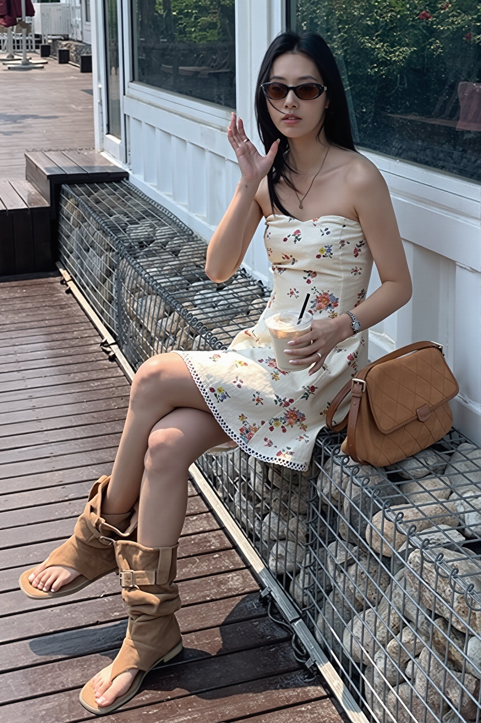 Strapless Floral Print Scalloped Lace Hem Bandeau Mini Dress