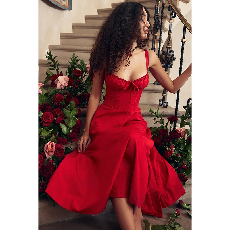 Ootddress Elegant Backless Split Midi Dress For Women Robe Spaghetti Strap Sleeveless Lace-up Pleated Party Long Dress Vestido