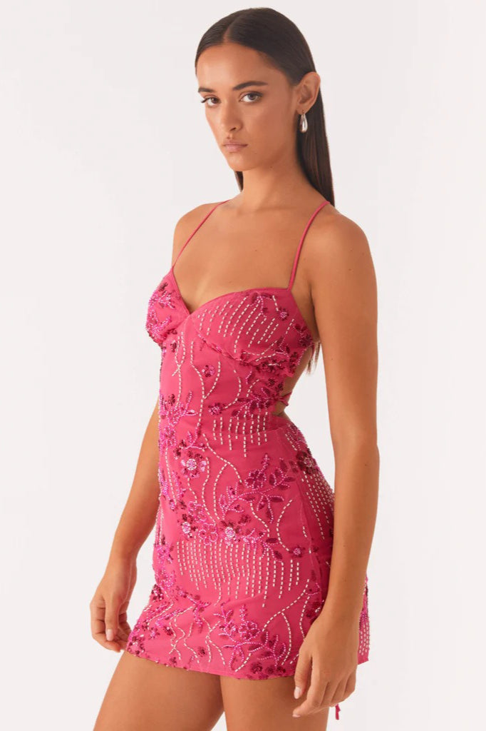 Floral Embroidered Beaded Mesh Spaghetti Strap Sweetheart Bodycon Mini Dress