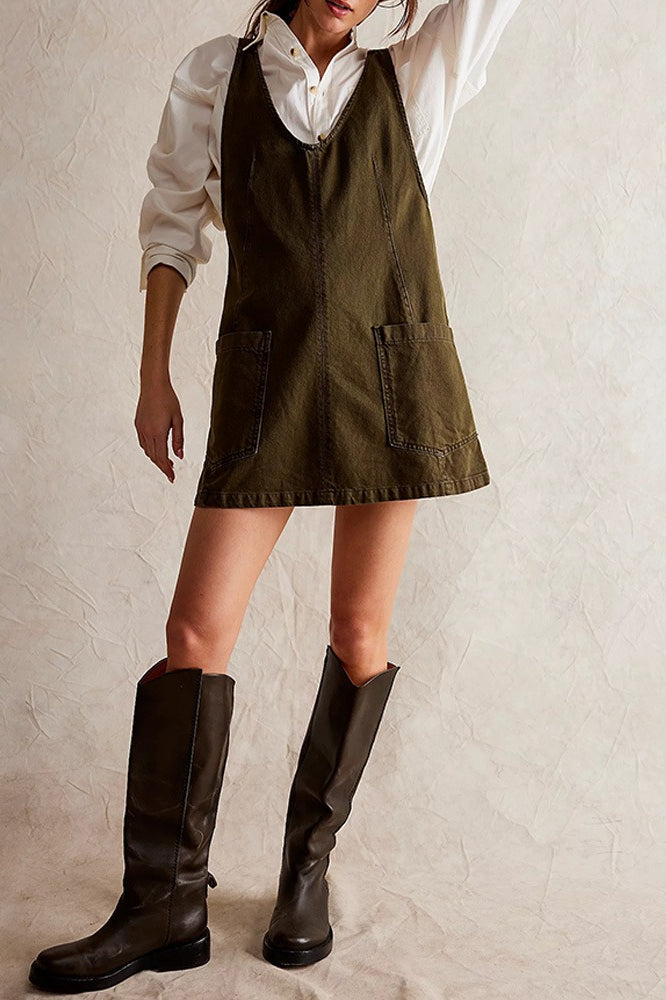 Denim Deep V-Neck Wide Strap Front Pocket Pinafore Mini Dress