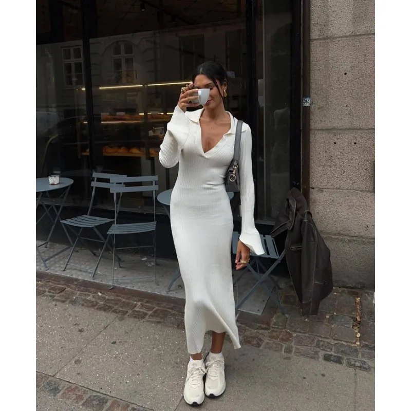 Ootddress Striped V-Neck Knit Maxi Dress For Women Ribbed Patchwork Slim Long Sleeve Elegant Party Dress Loose Knitwear Long Dress