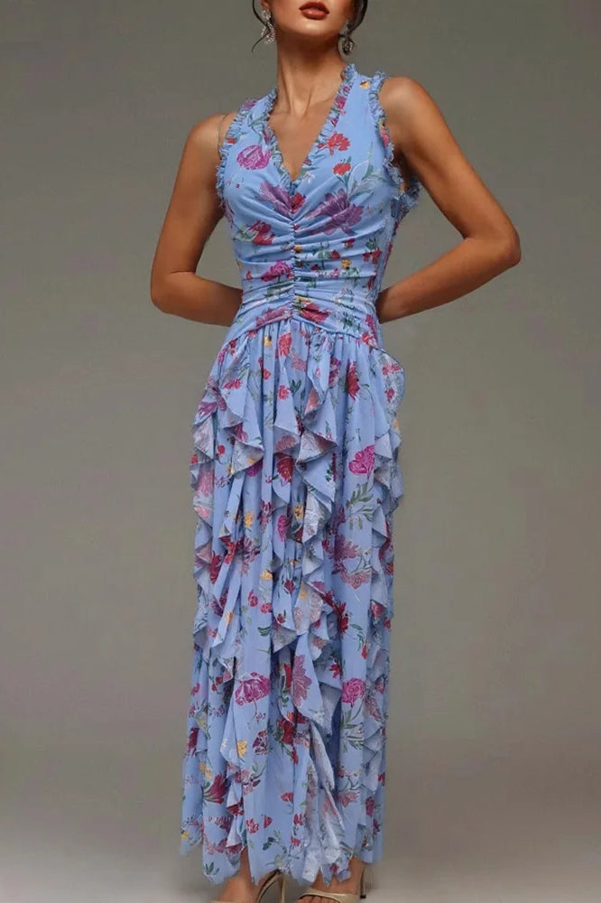 Floral Halter Neck Deep V-Neck Ruffle Trim Tiered Ruffle High Split Maxi Dress