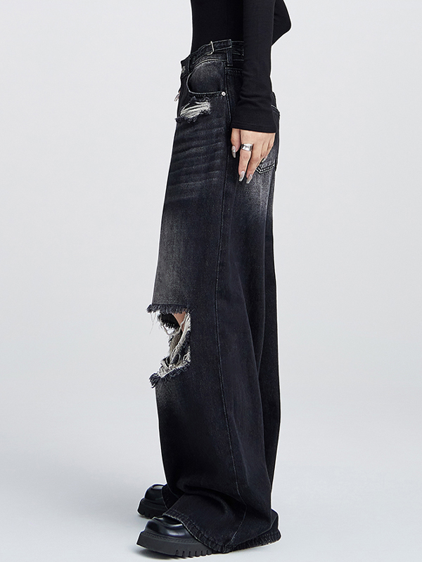 Loose high-waisted versatile straight leg Ripped Jeans