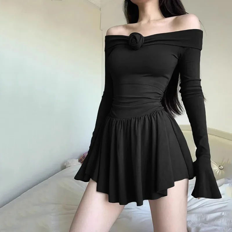 Ootddress Splice Flower Bodycon Mini Dress For Women Ruffled Folds High Waist Dresses Femme Off Shoulders Casual Slim Dress Woman