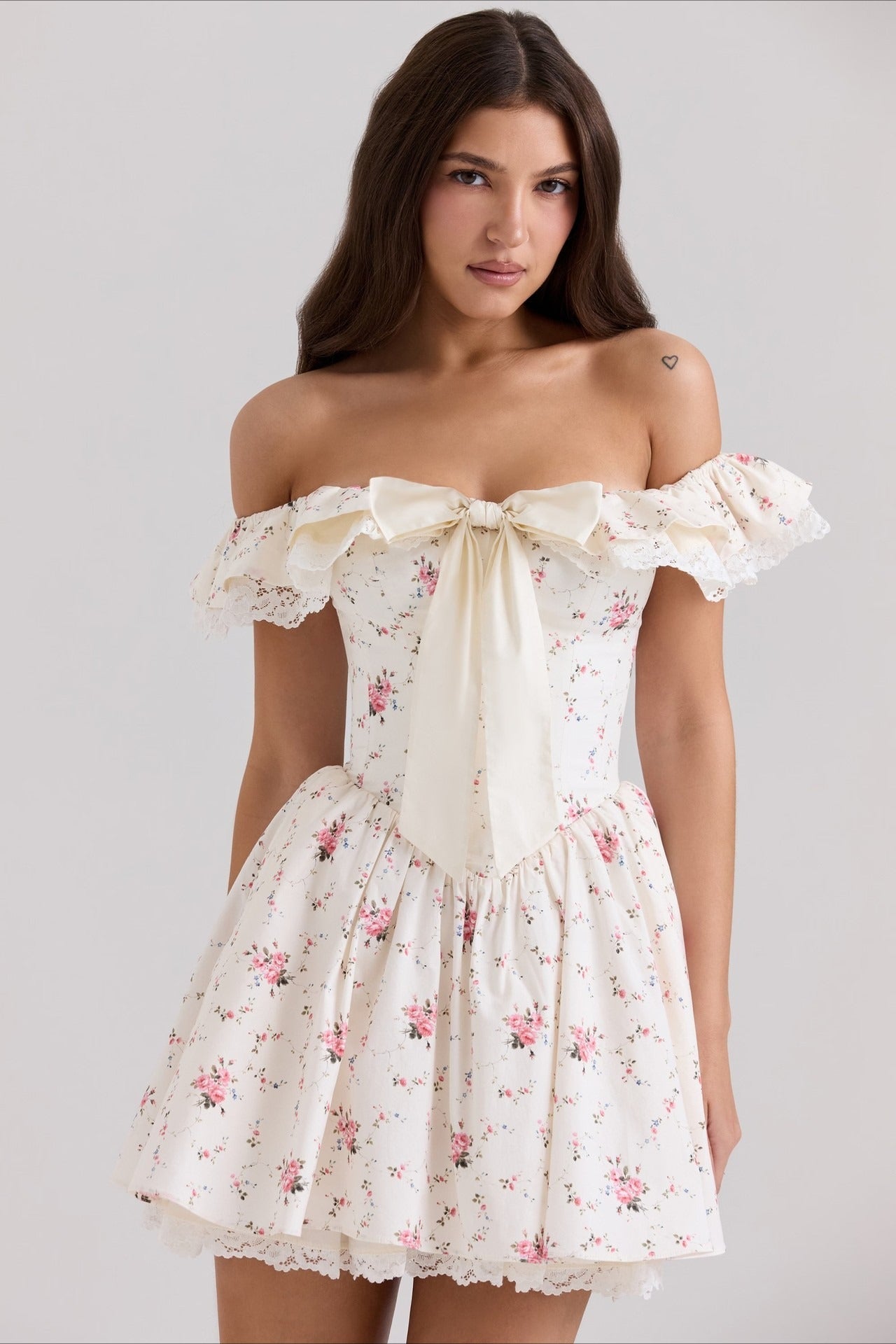 Off Shoulder Lace Trim Ribbon Bow Corset Bodice Floral Print Mini Dress