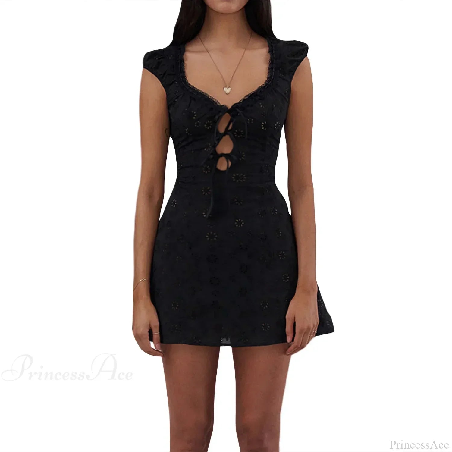 Eyelet Lace Corset Lace-Up Ribbon Tie Cap Sleeve Scoop Neck Mini Dress