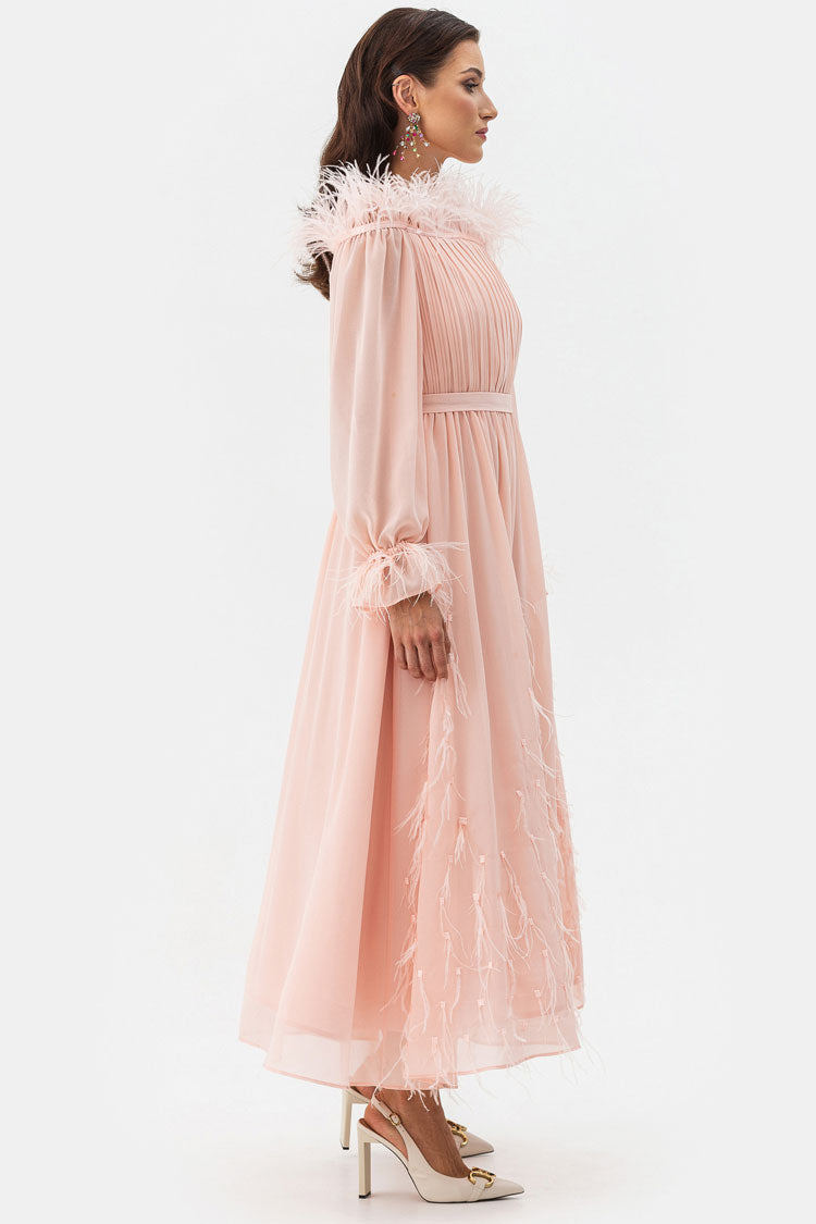 Feather Trim Off Shoulder Pleated Bodice Bishop Sleeve Chiffon Maxi Dress