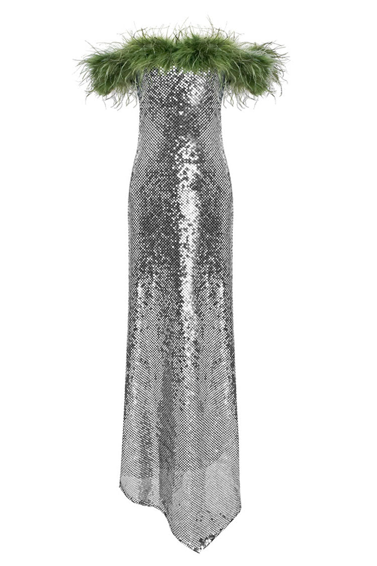 Off-Shoulder Sequin Feather Trim Asymmetric Mermaid Midi Dress