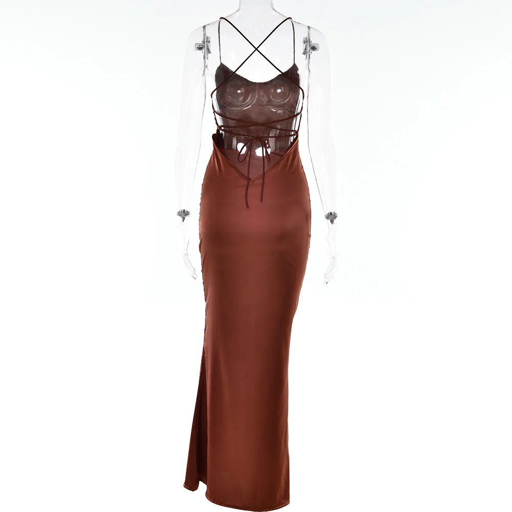 Ootddress Satin Backless Maxi Dress For Women 2025 Autumn New Spaghetti Strap Sleeveless Bodycon Long Dress Vestido Clubwear
