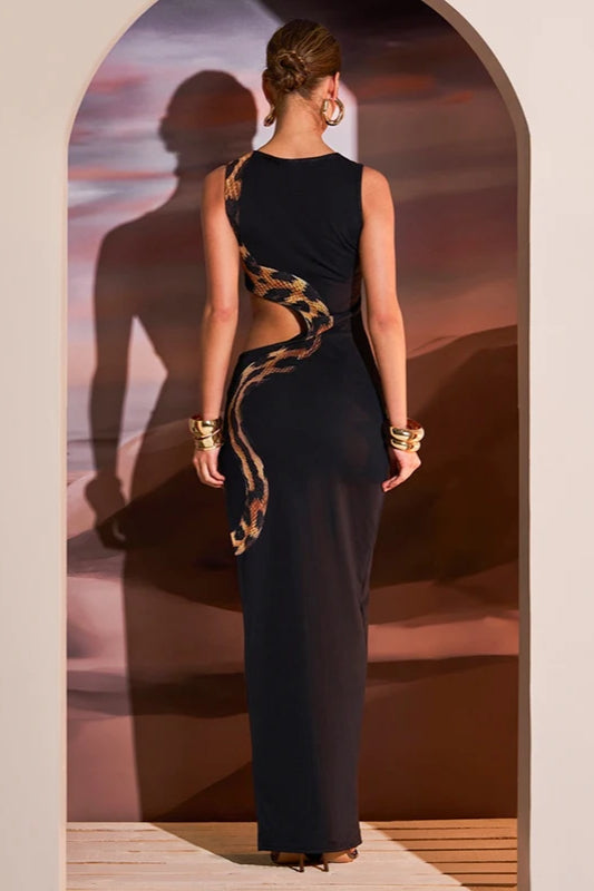 Snake Print Waist Cutout High Slit Sleeveless Bodycon Maxi Dress