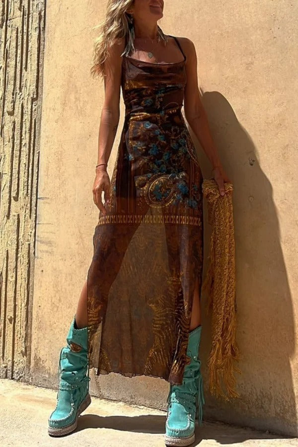 Baroque Print Lace Up Cross Back Halter High Split Maxi Two-Piece Set