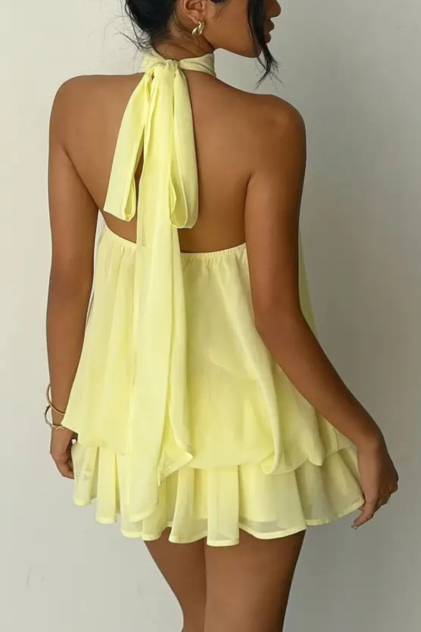 Fashionable Chiffon Halter Neck Backless Lace-up Casual Vacation Mini Dress