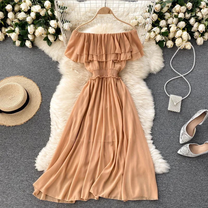 Women Chiffon Beach Dress Sexy Double Layer Ruffled Off The Shoulder Boho Dresses Ladies Sweet Slash Neck Long Dress 19 Women Chiffon Beach Dress Sexy Double Layer Ruffled Off The Shoulder Boho Dresses Ladies Sweet Slash Neck Long Dress