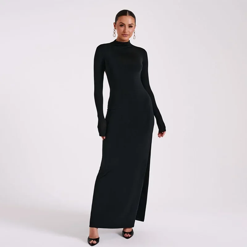 Ootddress Side Slit Back Dress Women Sexy Backless Temperament Long Sleeve Dresses Lady Party Elegant Bodycon Evening Dress Woman