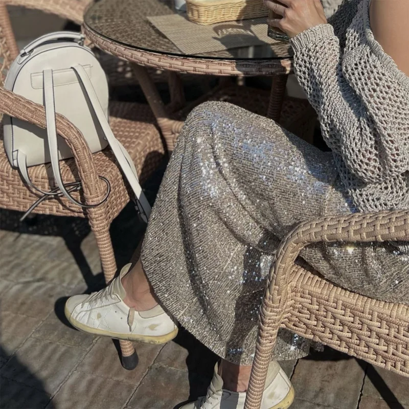 Ootddress Sequins Loose Dress Sets Women Long Sleeve Crop Tops High Waist Sexy Maxi Skirts Ladies Two Piece Suits Womens Outifits