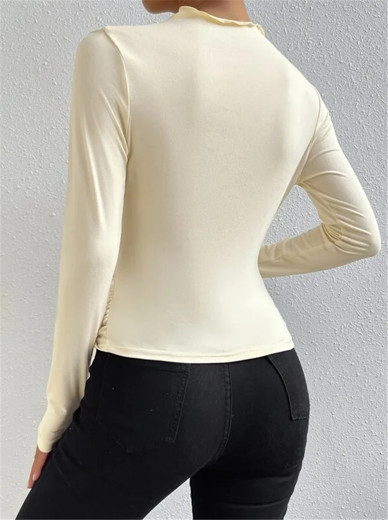 Ootddress Solid Casual Pleated T-shirt For Women Patchwork Long Sleeve High Waist Inner Ruffled Crop top Ladies Vintage Y2k Top Tee 12 Ootddress Solid Casual Pleated T-shirt For Women Patchwork Long Sleeve High Waist Inner Ruffled Crop top Ladies Vintage Y2k Top Tee