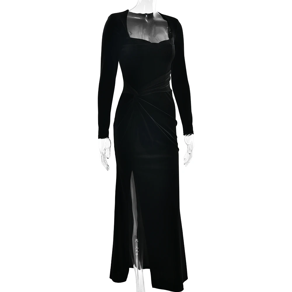 Sexy Velvet Elastic Tight Long Sleeved Dress Elegant Bodycon Slit Party Evening Dress Autumn/winter 2025New Slim Vestido
