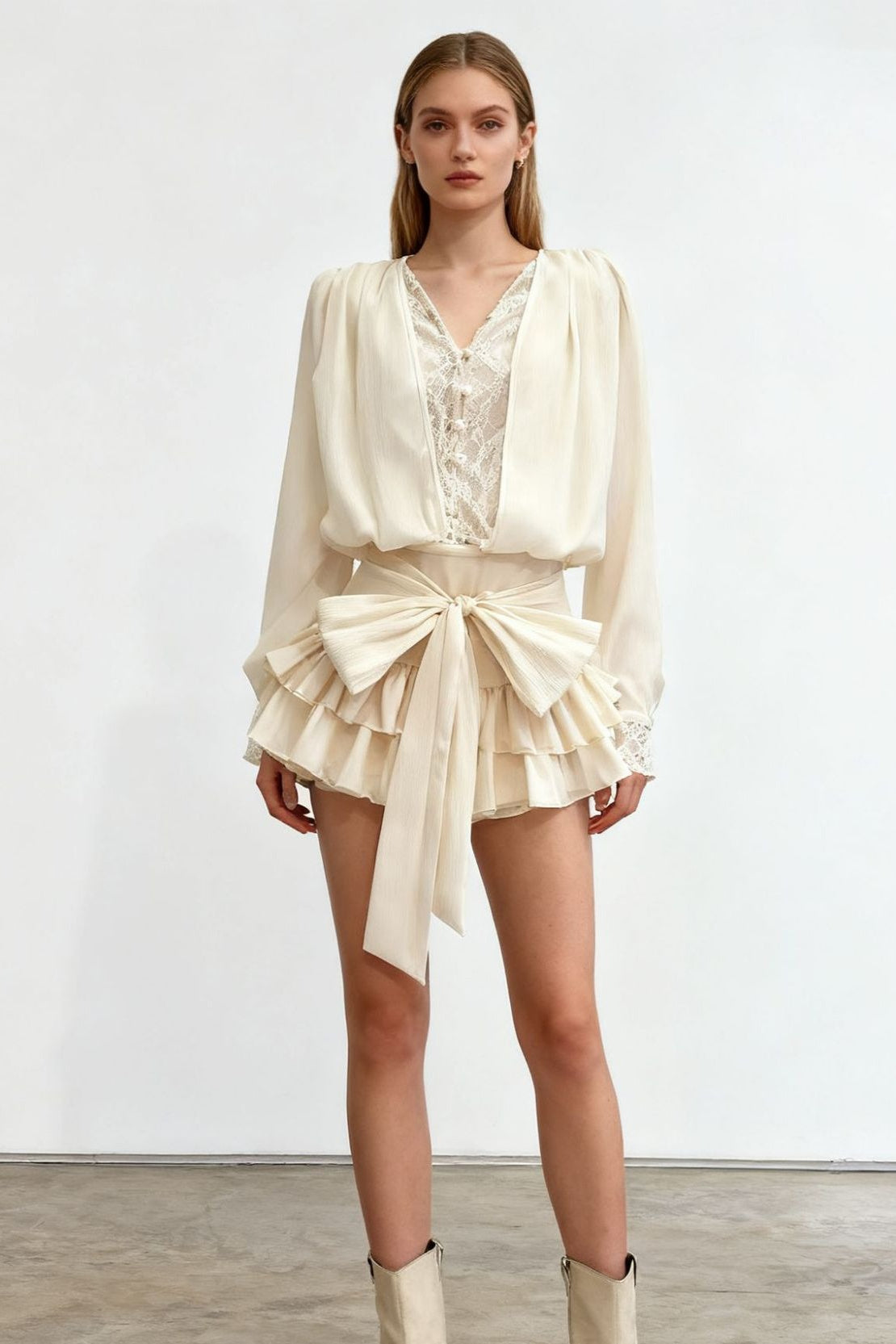 Lace Trim Button Front Long Sleeve Blouse and Tiered Ruffle Bow Waist Shorts Set