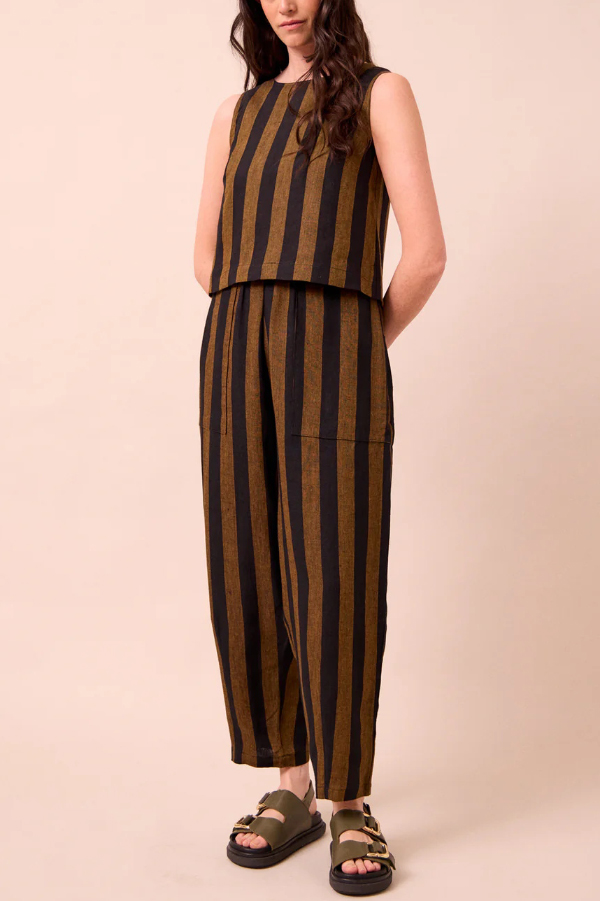 Striped Printed Crew Neck Sleeveless Top and Elastic Waist Wide-leg Pants Set