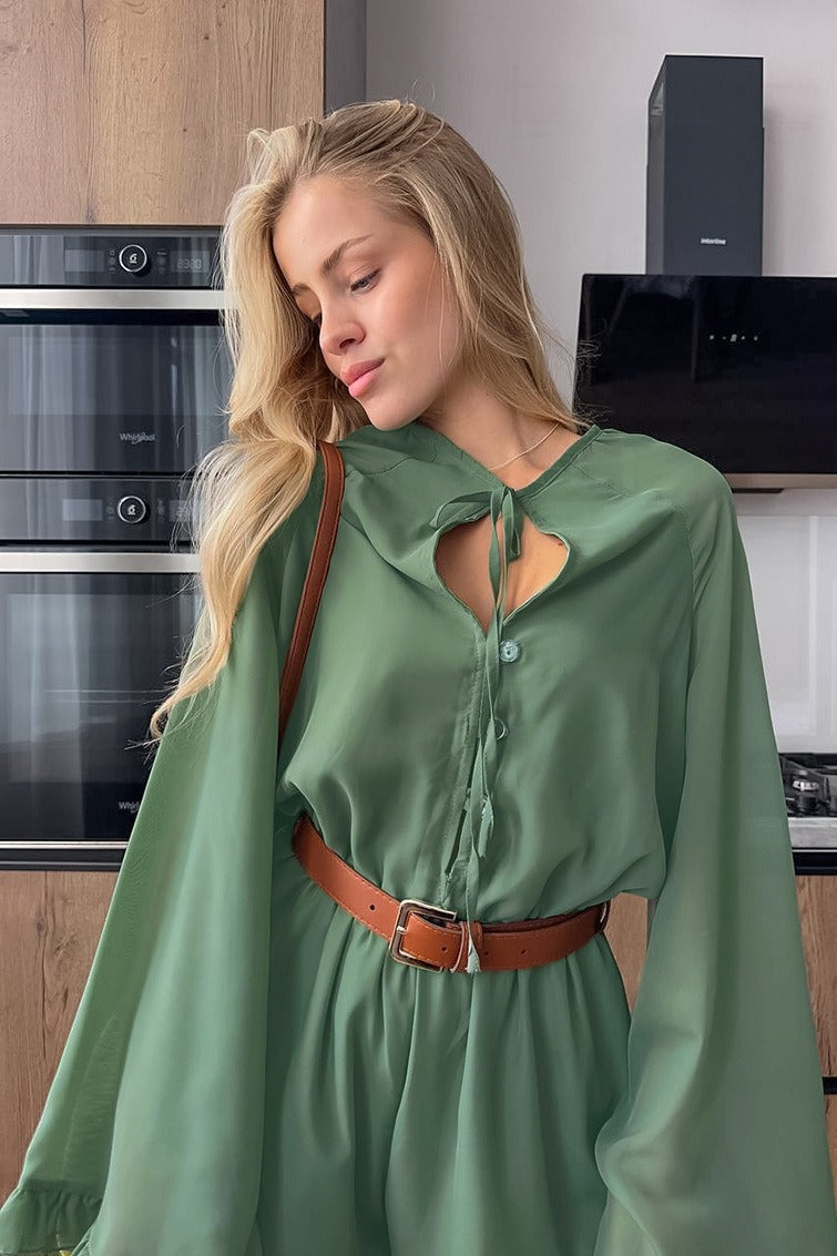 Tie Neck Keyhole Button Front Bell Sleeve Ruffle Hem Romper