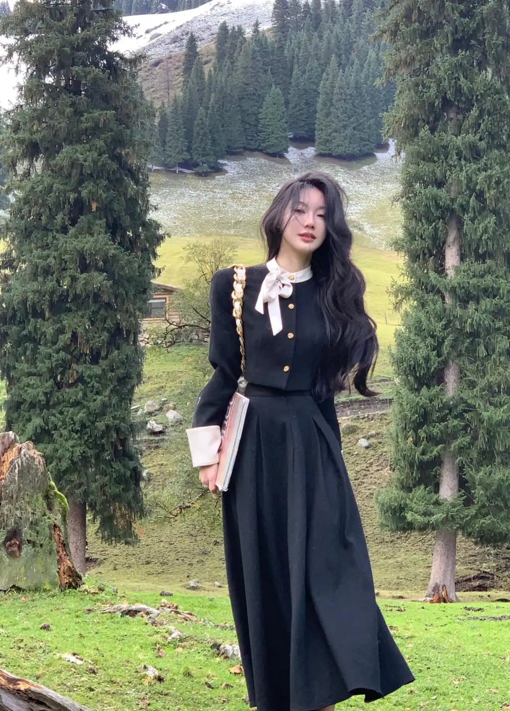 Autumn 2-piece Set Women Single Breasted Long Sleeve Cropped Jacket Pleated Long Skirt Solid High Waist Evening Party Outfits