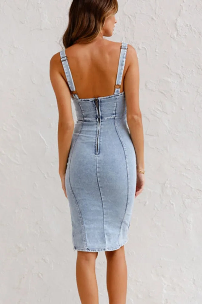 Denim Corset Scoop Neck Zip-Front Thigh Slit Bodycon Midi Dress