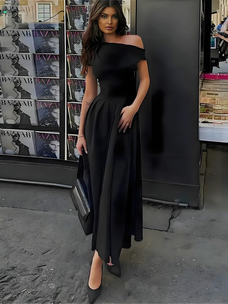 Ootddress Black Off-Shoulder Autumn Long Dress For Women High Waist Patchwork Slim Sexy One-Shoulder Party Dress Female Maxi Dress