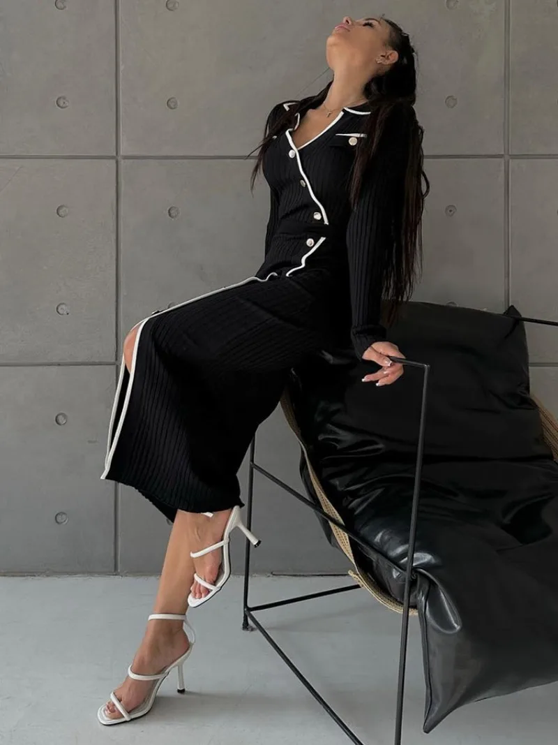 Ootddress Side Slit Maxi Dresses For Women Knitted Slim Bodycon Dress Women's Holiday Casual Party Temperament Evening Dress Woman