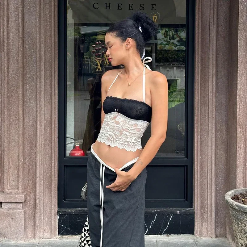 Ootddress Halter Lace See-Through Crop Top Ruffled Contrast Tank Top - Y2K Fashion Patchwork Strapless Sexy Contrast Cropped Top 20 Ootddress Halter Lace See-Through Crop Top Ruffled Contrast Tank Top - Y2K Fashion Patchwork Strapless Sexy Contrast Cropped Top