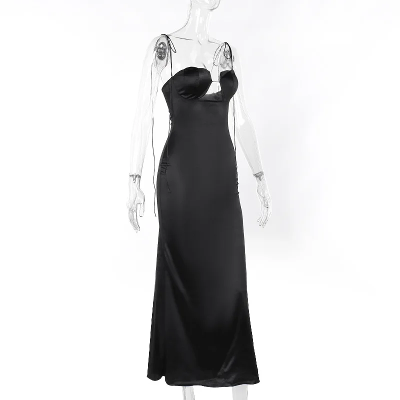 Ootddress Satin Bandage Dress Women Hollow Out Sleeveless Slim Long Dresses Femme Summer Party Elegant Sexy Backless Dress Woman