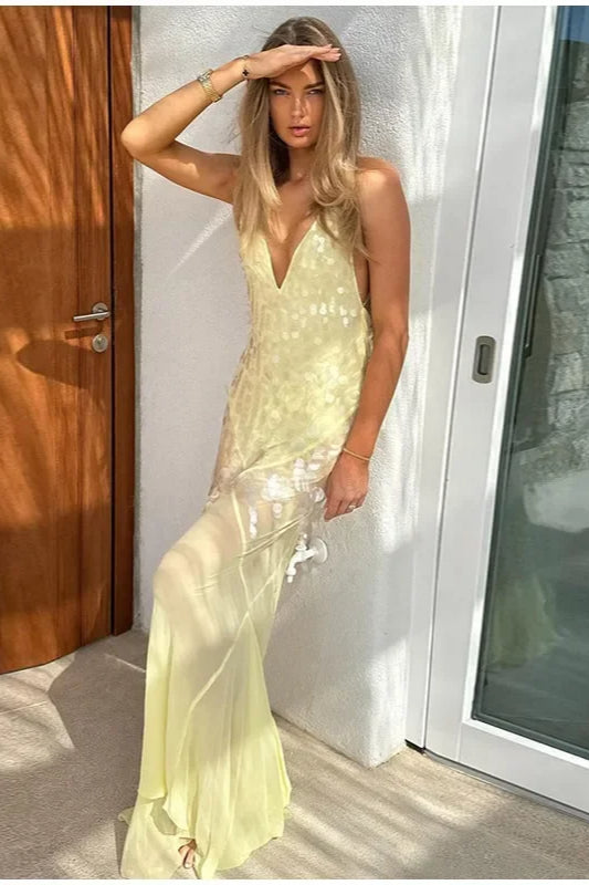 Plunge V Neck Spaghetti Strap Sheer Sequin Overlay Backless Maxi Dress